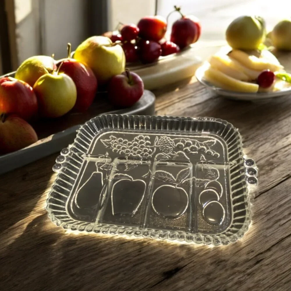 VINTAGE INDIANA GLASS -- Fruit & Relish Tray, 5 Sections, Fruit Design, Heirloom